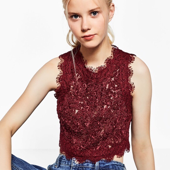 Zara Tops - Zara | Burgundy Eyelash Lace Crop Top